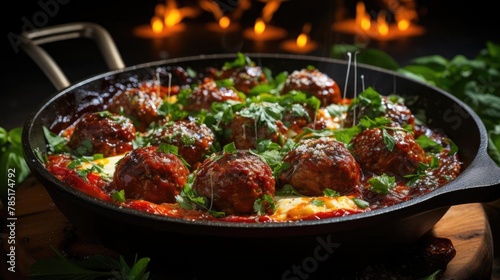 meatballs with melted tomato sauce on a bowl with a black and blur background © GradPlanet