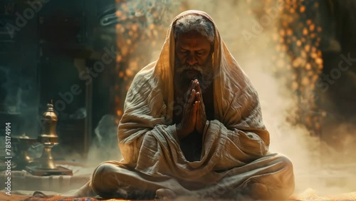 Indian sadhu monk meditating in temple. Religious prayer man. Person sit in lotus pose and pray. Zen yoga practice. Peaceful beauty. Spiritual asana. photo