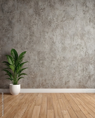 Empty room with gray empty wall and wooden floor. Potted plant in an empty room. Empty room interior design with copy space