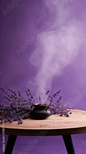 lavender background with a wooden table and smoke. Space for product presentation, studio shot, photorealistic