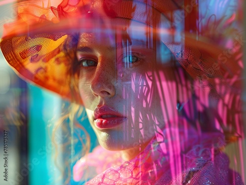 Imaginative flair through a window, fashion and colors merge ,3DCG,clean sharp focus photo