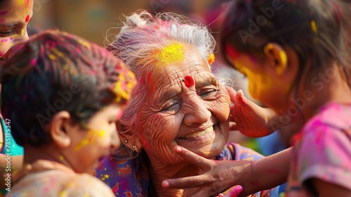 An elderly woman smiling warmly as she applies traditional tilak on the foreheads of her grandchildren, marking the beginning of Holi celebrations.
