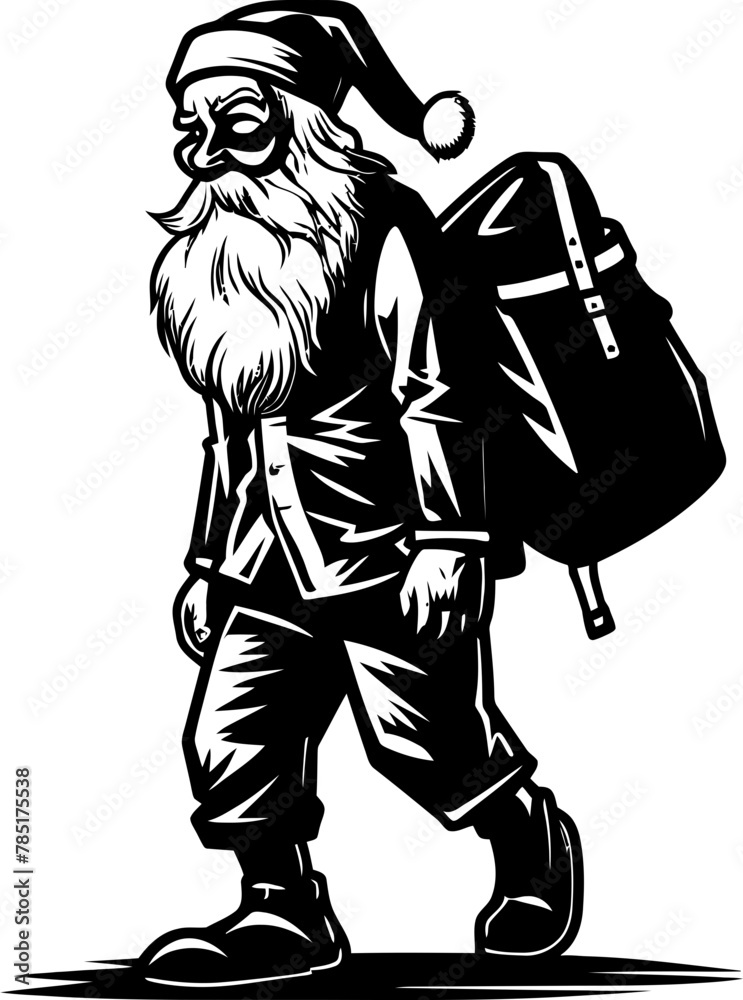 Fototapeta premium Worn Out Father Christmas Shoulder Bag Emblem Overworked Claus Sack bearing Logo