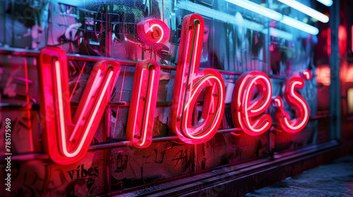 Vibrant red neon sign spelling 'Vibes' against a graffiti wall