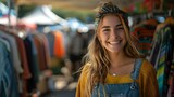 Eco-conscious Shopper Enjoys Sunny Flea Market Finds. Concept Sustainable Fashion, Thrifted Treasures, Upcycled Goods, Secondhand Shopping, Environmentally-Friendly Choices