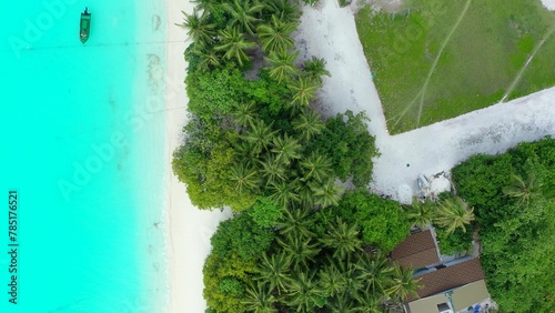 Bird's eye view of the azure water of the ocean and palm trees in Asia
