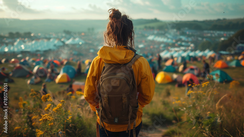 person with backpack looking at the festival