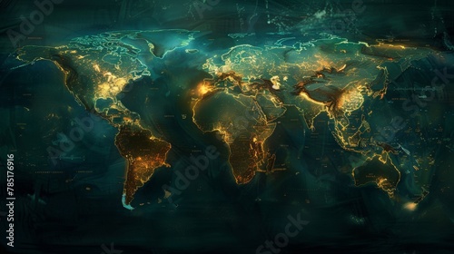 Futuristic technology world map with glowing lights, global communication and connection concept.