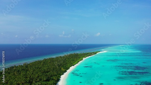 Drone shot of a green island with turquoise and blue water in The Maldives, Asia © Wirestock