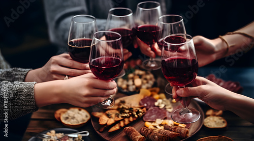 Friends savoring red wine at an outdoor autumn gathering, with an assortment of charcuterie and sweets nearby, hands gripping glasses filled with various shades of red.