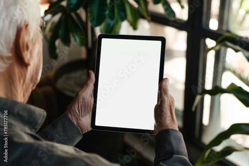 Ui mockup through a shoulder view of a senior man holding a tablet with an entirely white screen