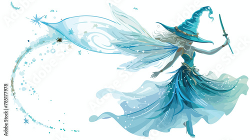 Fabulous fairy in magical cap with magic wand. Vector photo