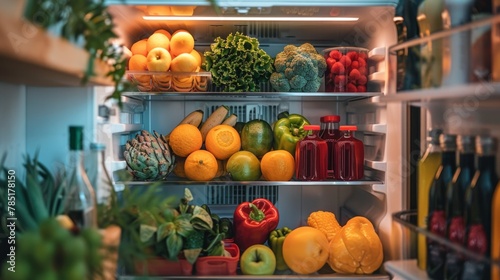 Open fridge full of fresh fruits and vegetables  healthy food background  organic nutrition  health care  dieting concept