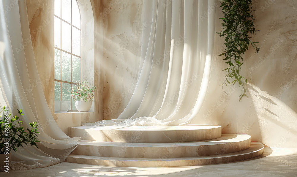 A luxurious modern style bathroom with an arched window, a large marble bathtub on a circular stage, plants and curtains. Created with Ai