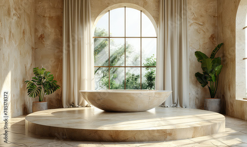 A round stone bathtub on an elevated platform in front of a large arched window  surrounded by plants and curtains. Created with Ai