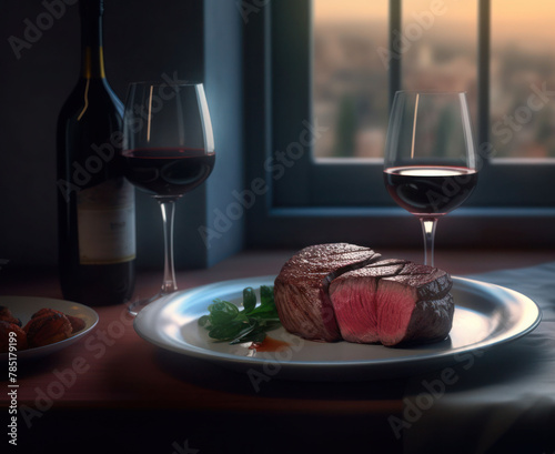 Beef meat steak on white plate, bottle with two glasses of red wine on table near window