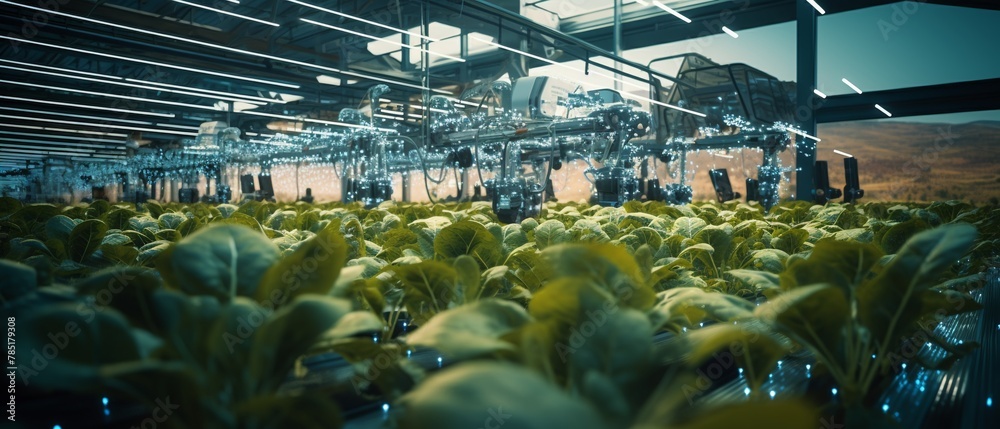 A smart farm in the countryside, where robots tend to crops and soil sensors optimize water and nutrient distribution  Color Grading Complementary Color