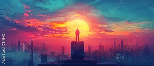 An illustration combining a figure standing at a podium receiving an award with a city skyline at dawn, symbolizing professional success and new beginnings Color Grading Complementary Color