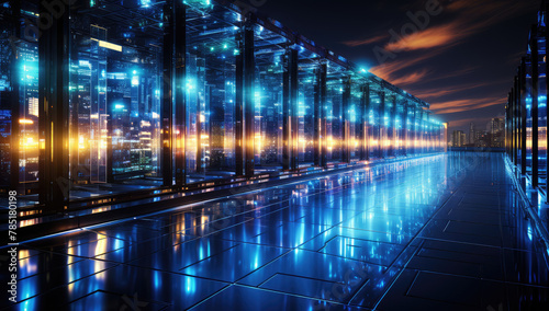 A futuristic scene of an endless, glassenclosed data center with rows and columns extending into the distance under glowing blue lights. Created with Ai