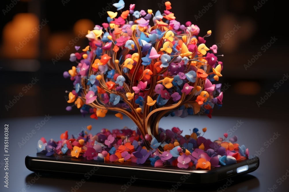 Smartphone with social media icons sprouting into a vibrant digital forest , concept of Seamless connectivity
