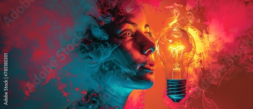 An illustration combining a lightbulb illuminating with an inspired face, denoting the realization of creative ideas and innovations  Color Grading Complementary Color