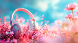 Creative and vibrant World Music Day background, featuring a headphones and blooming flowers.
