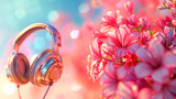Creative and vibrant World Music Day background, featuring a wired headphones and beautiful flowers.