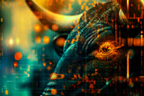 Double exposure picture of digital financial background and a bull as symbol of stock market. Financial trading concept.