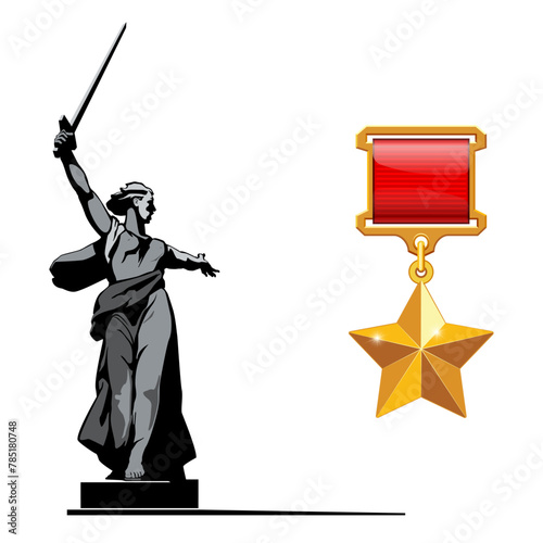 May 9th. Happy Victory Day! Patriotic War, World War II, 1941-1945, Gold Star Hero Medal, gold star. The highest award. Battle of Stalingrad, Sculpture, Motherland is calling. Vector illustration