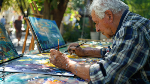 An older man focused on his painting, standing at an easel with brushes and paint palette in hand
