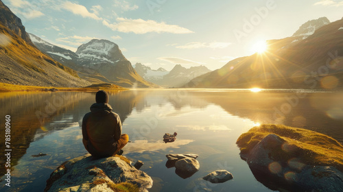 A person is seated on a large rock, gazing out over a vast lake below, taking in the scenic beauty of the landscape