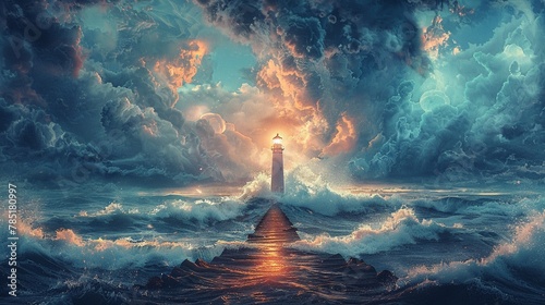 An illustration of a lighthouse shining light on a path through stormy seas, guiding the way to achieving lifes goals  Color Grading Complementary Color photo