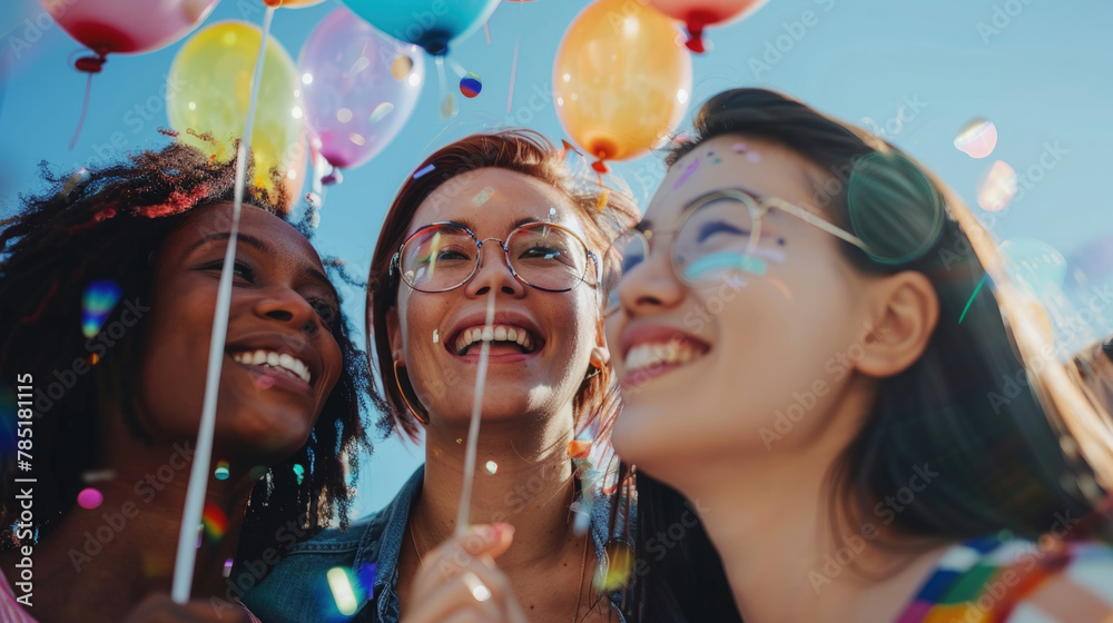 Obraz premium A group of young women standing closely next to each other, smiling and chatting in a social setting