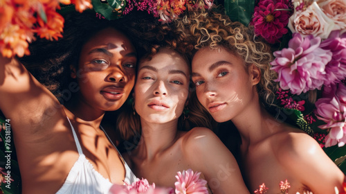 Three women are reclining amidst a vibrant field of colorful blossoms under the bright sun