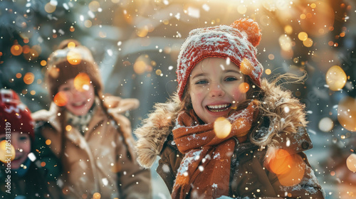 A group of young children laughing and playing joyfully in the snow, bundled up in winter clothing