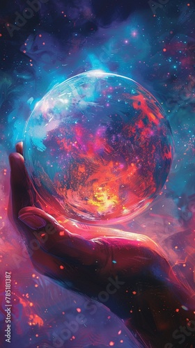 An illustration of a pair of hands holding a crystal ball, within which is a vision of the person s dreams realized  Color Grading Complementary Color © Parinwat Studio