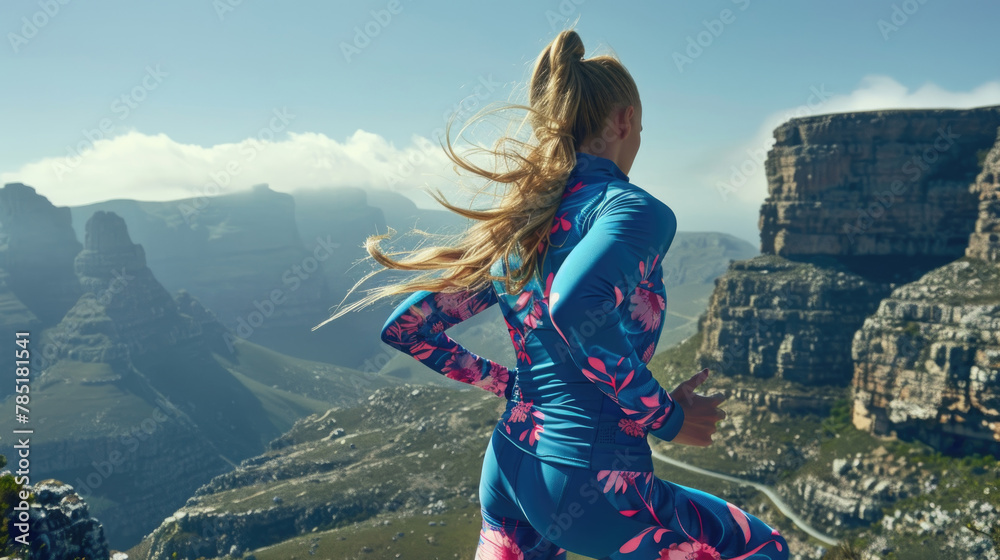 Naklejka premium A woman in athletic attire is running energetically along a narrow mountain trail under a clear blue sky