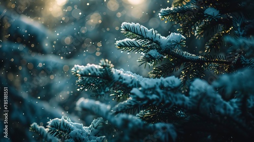 Snowflakes on pine needles  close-up  low angle  blurred forest  serene winter light 