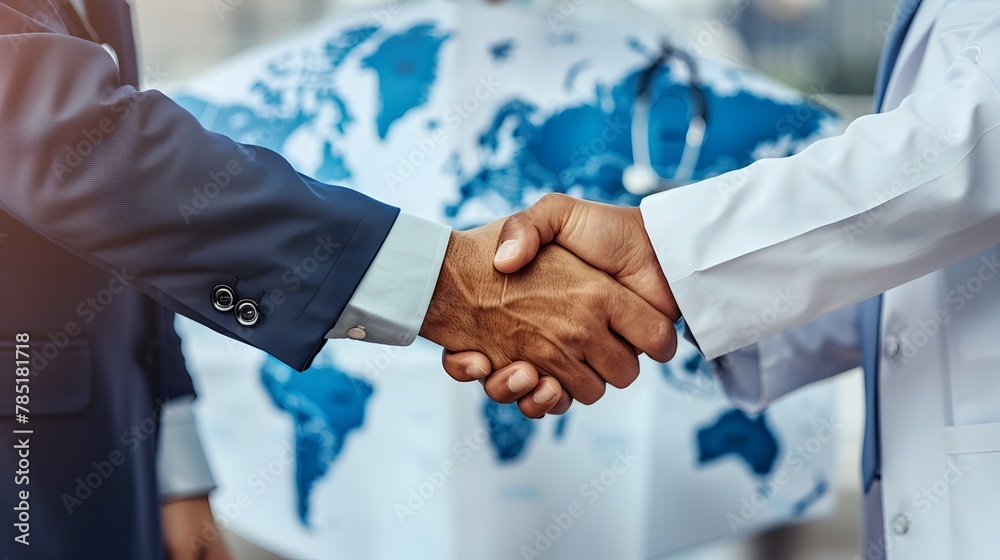 Diverse Medical Professionals Shaking Hands in Front of Global Map Symbolizing Worldwide Healthcare Diverse Medical Professionals Shaking Hands in Front of Global Map Symbolizing Worldwide Healthcare