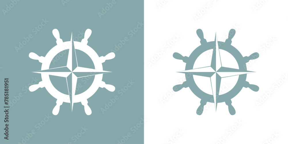 Logo Nautical. Club de yate. Símbolo rosa de los vientos en silueta de timón de barco - obrazy, fototapety, plakaty 