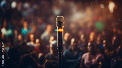 An image blending a microphone on a stand with a crowd, symbolizing the goal of public speaking and connection with an audience Color Grading Complementary Color