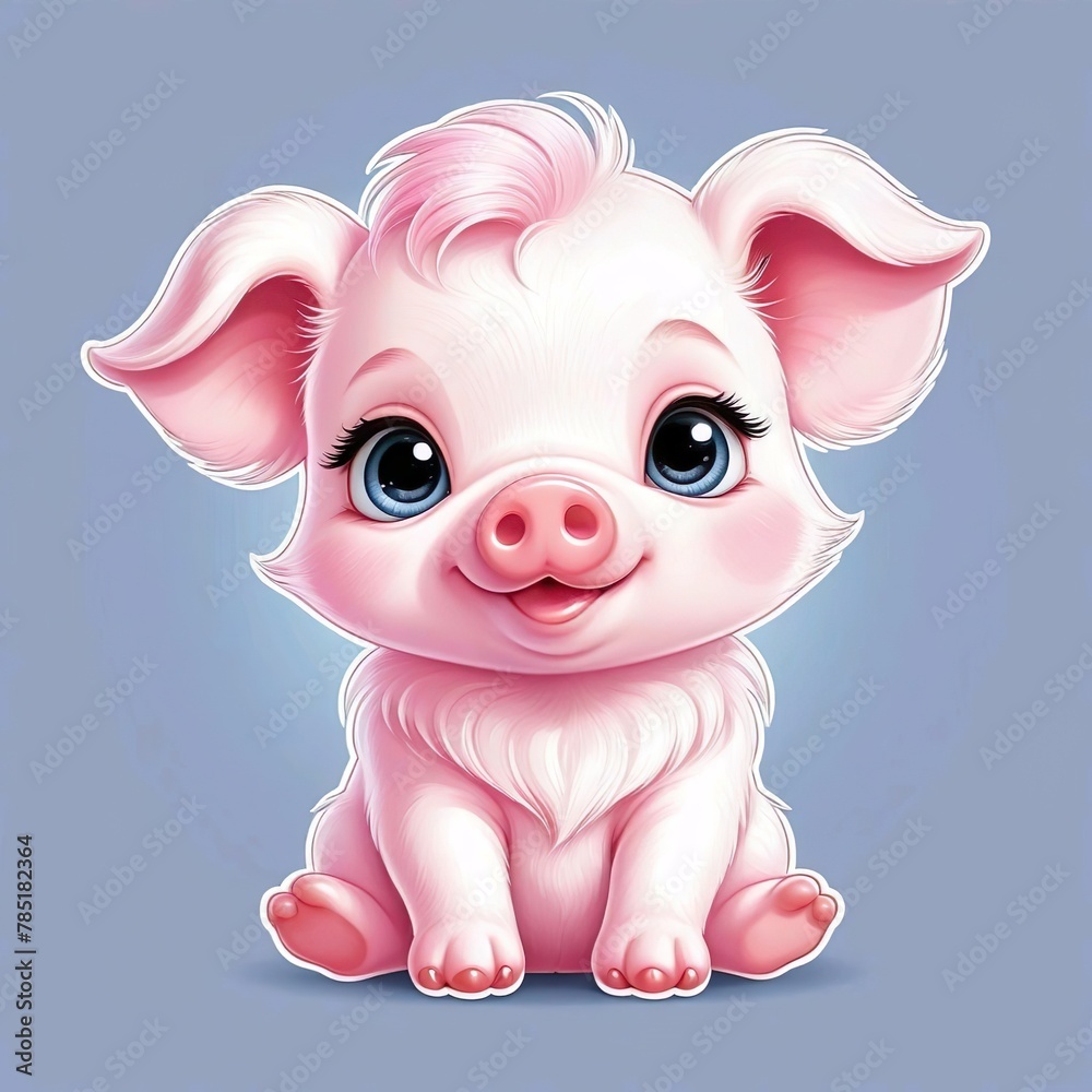 Cartoon character. Cute pink pig sitting and smiling on a purple background Cartoon character. Cute pink pig sitting and smiling on a purple background