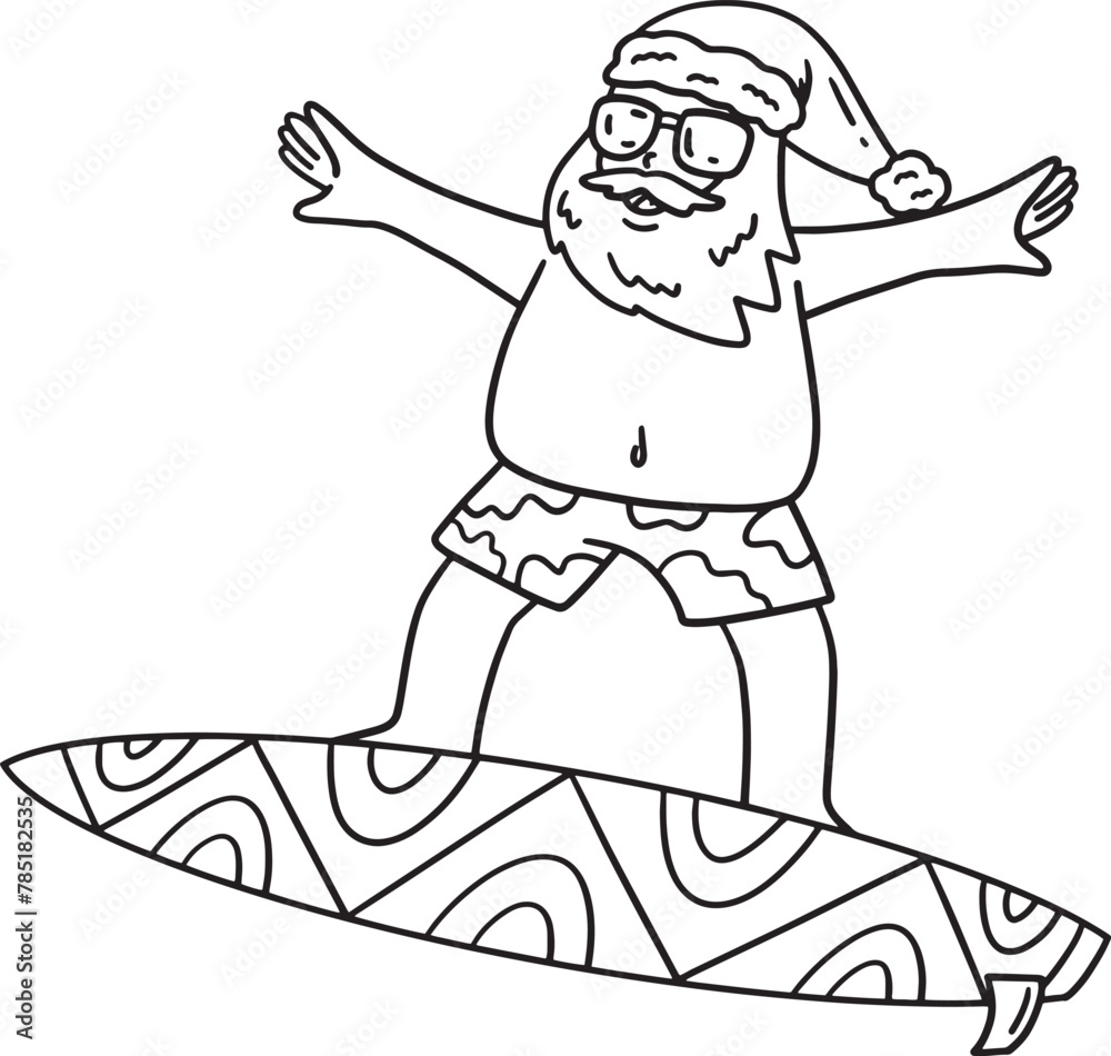 Christmas in July Santa Surfing Isolated Coloring 