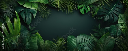 Green frame background  tropical leaves and plants around the green rectangle in the middle of the photo with space for text