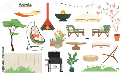 Modern backyard furniture with hammock, hanging chair, bbq grill, fireplace, plants. Backyard cartoon flat elements, summer terrace and patio, outdoor lounge items, relax park objects. Vector clipart