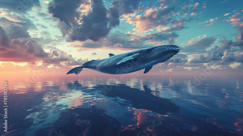 A whale rising out of the water shows its mighty figure partially submerged in the air, partially extending under the heavens. Its powerful fins move slowly, creating water eddies, while its huge body