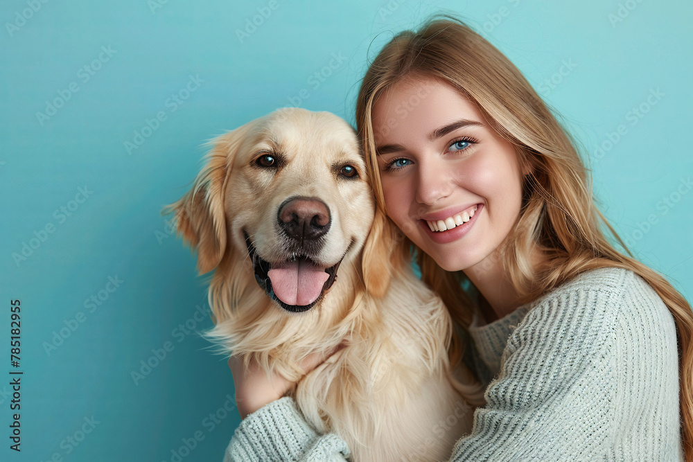 Cheerful woman and dog, close embrace, plain pastel blue studio background, text space