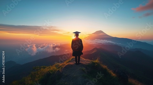 An image blending a vibrant sunrise over a mountain with a graduation scene, symbolizing new beginnings and achievements Color Grading Complementary Color