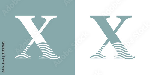 Logo Nautical. Letra inicial X con olas de mar