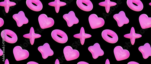 Seamless pattern of inflated geometric shapes. Abstract vector background with pink balloon 3D shapes of heart, donut and star.